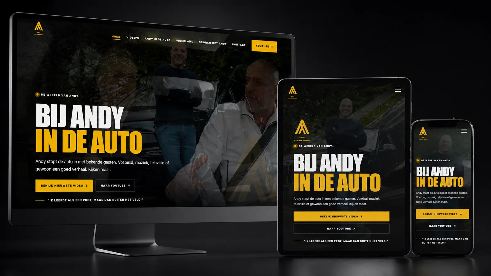 De website van Andy van der Meijde op een computer, tablet en smartphone